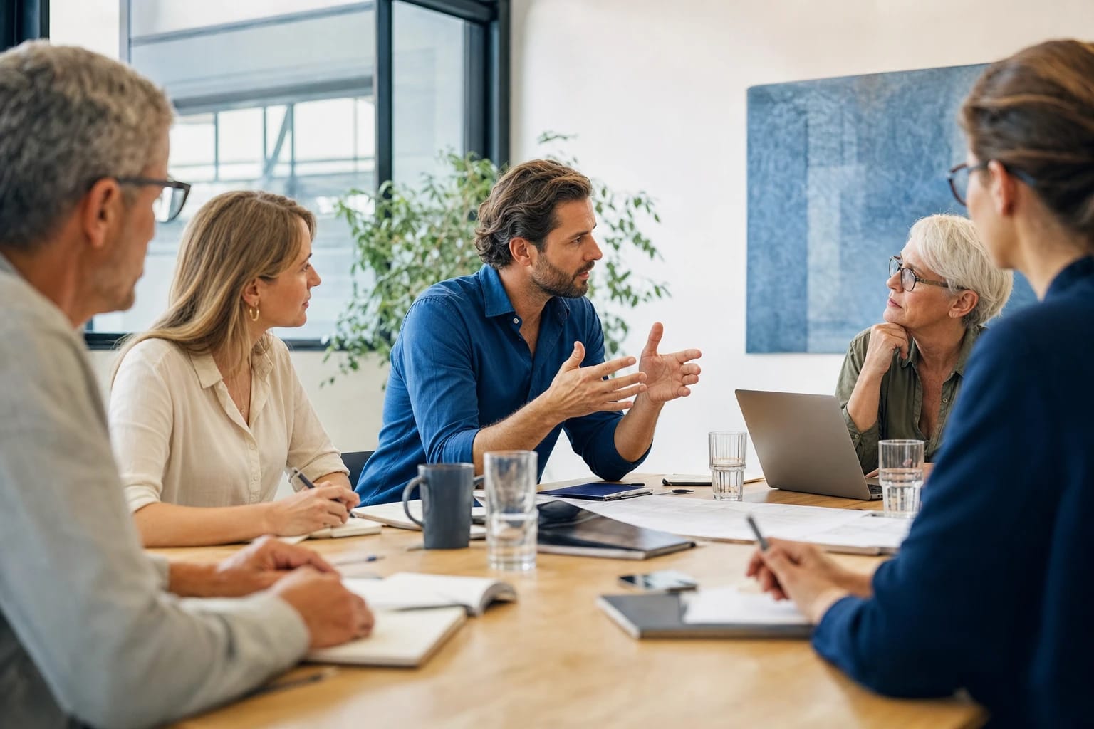 KI-generiertes Bild: Führungskraft leitet ein Meeting mit mehreren Mitarbeitenden am Besprechungstisch in einem hellen Büro.
