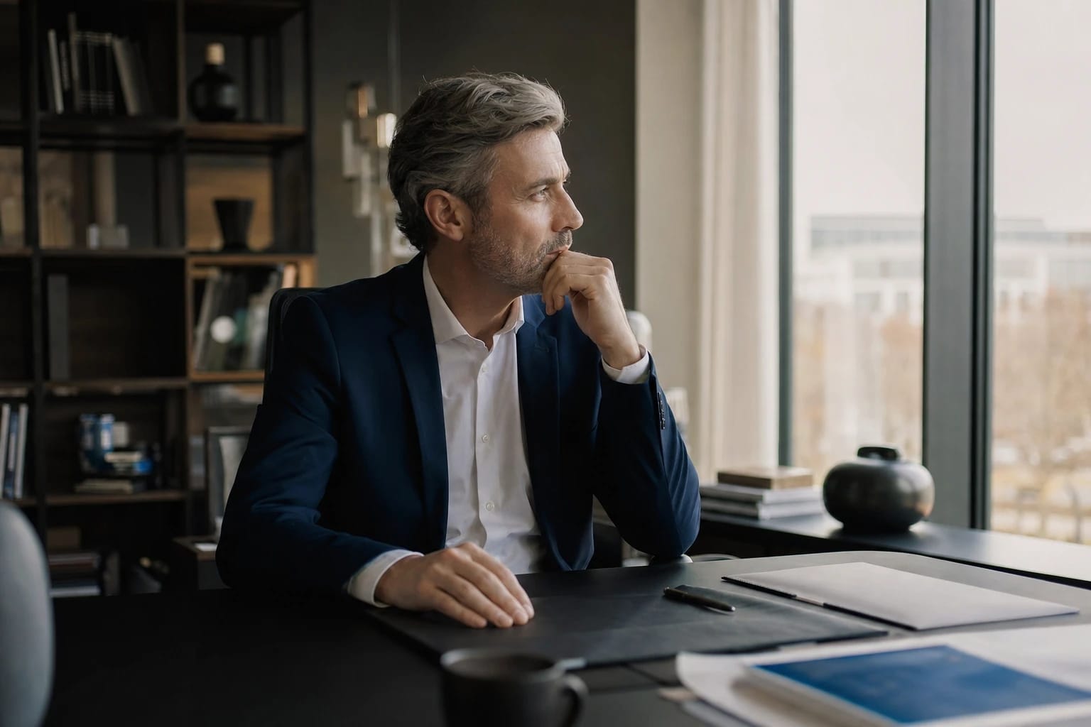 KI-generiertes Bild: Führungskraft steht nachdenklich am Fenster und blickt über die Stadt – Reflexion und Klarheit im Executive Coaching.