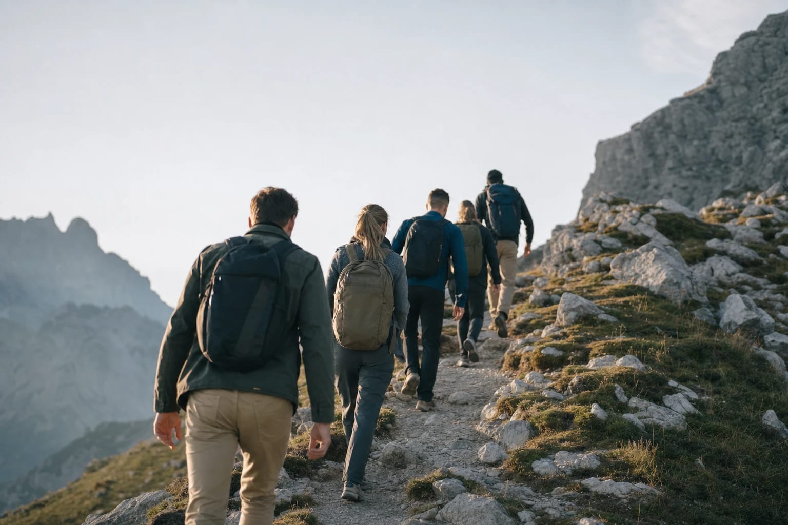 KI-generiertes Bild: Eine Gruppe wandert gemeinsam einen Bergpfad hinauf, alle in dieselbe Richtung – Sinnbild für eine Klausurtagung.