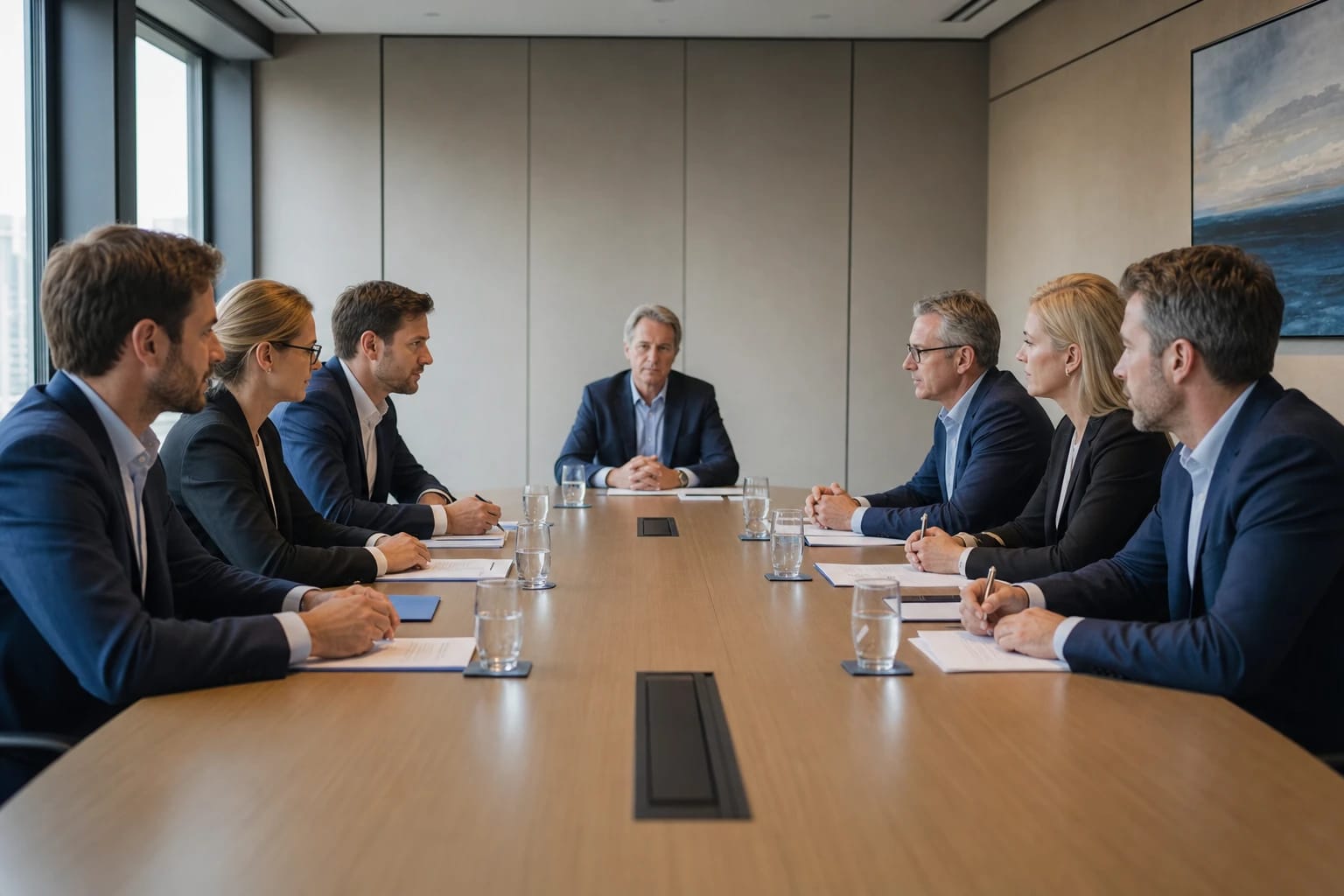KI-generiertes Bild: Zwei Unternehmensparteien sitzen sich am Konferenztisch gegenüber, ein neutraler Vermittler am Kopfende.