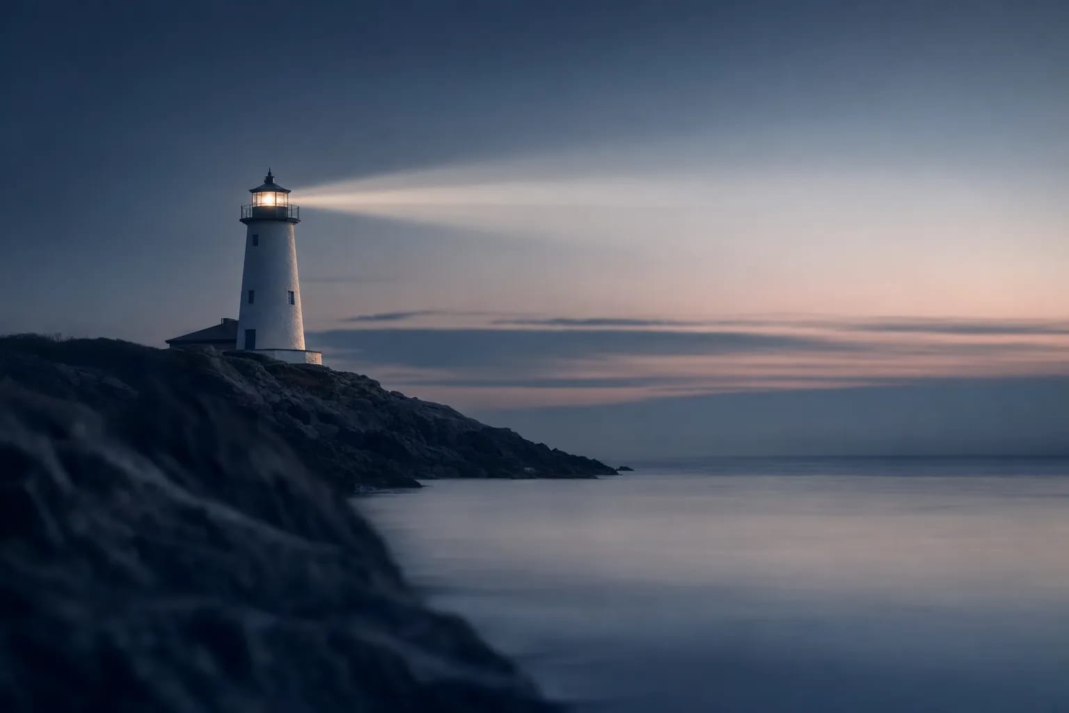 KI-generiertes Bild: Ein Leuchtturm über ruhigem Wasser in der Dämmerung