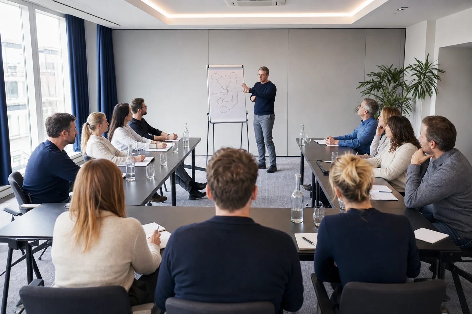 KI-generiertes Bild: Teilnehmende sitzen an Tischen in U-Form und folgen dem Trainer am Flipchart – Ausbildung zum Konfliktlotsen.