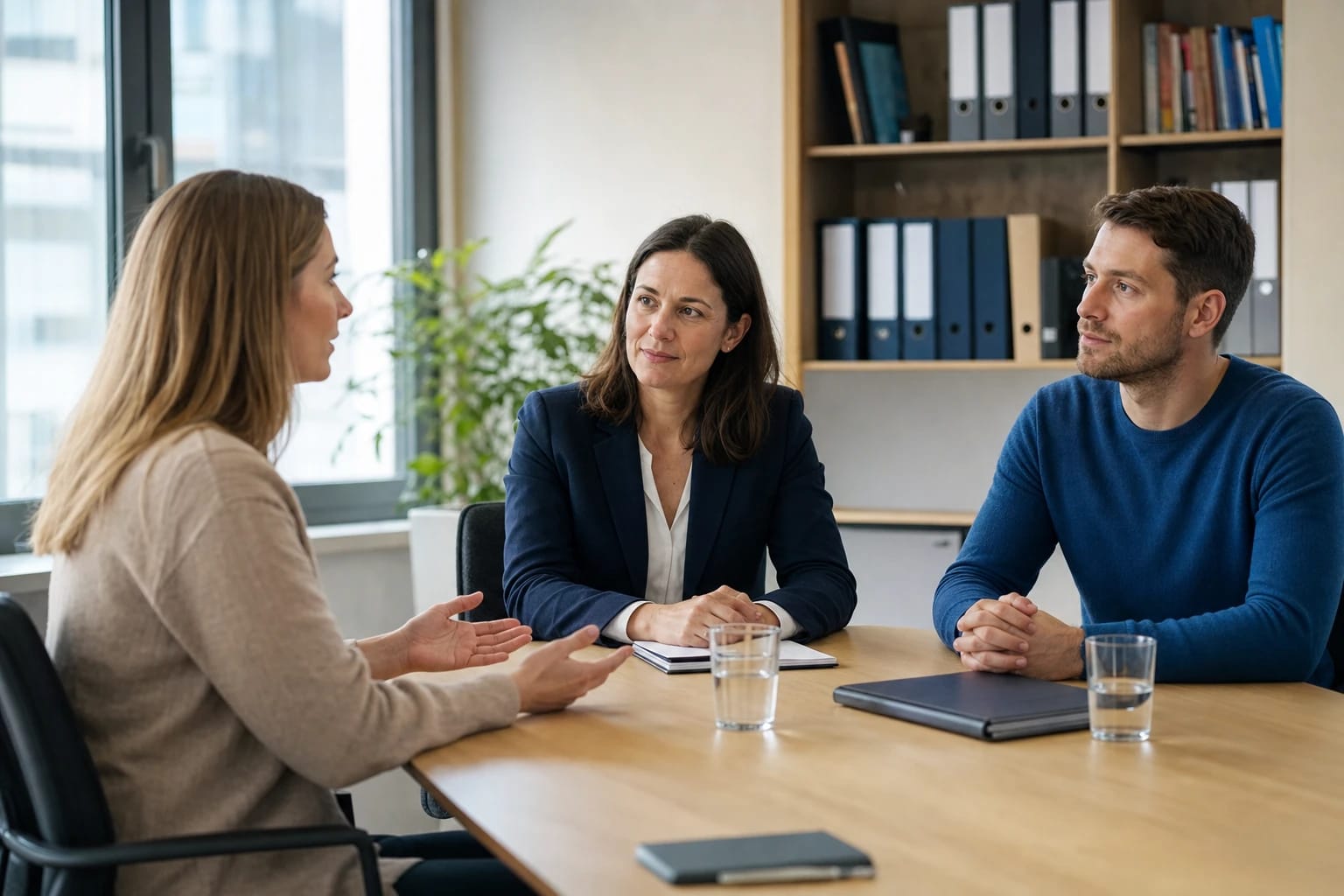 KI-generiertes Bild: Zwei Mitarbeitende und ein neutraler Moderator im strukturierten Klärungsgespräch am Tisch – betriebliches Konfliktmanagement.