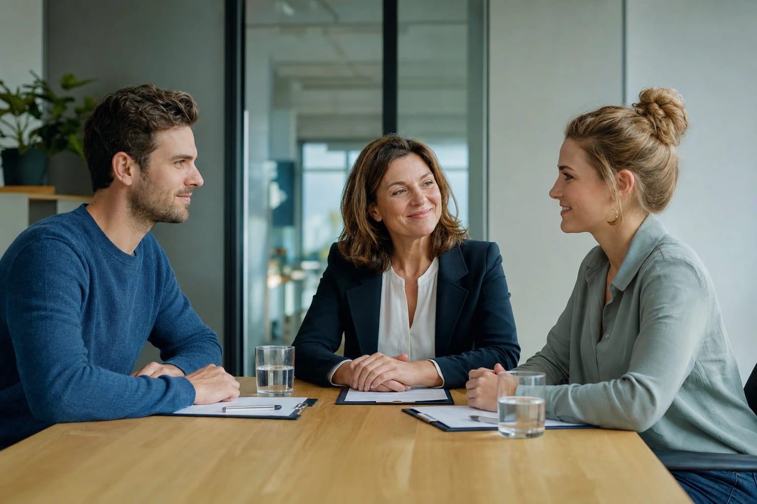 KI-generiertes Bild: Mediation in gelöster, erleichterter Stimmung am Tisch – der Moment, in dem ein Konflikt wirklich gelöst wird.