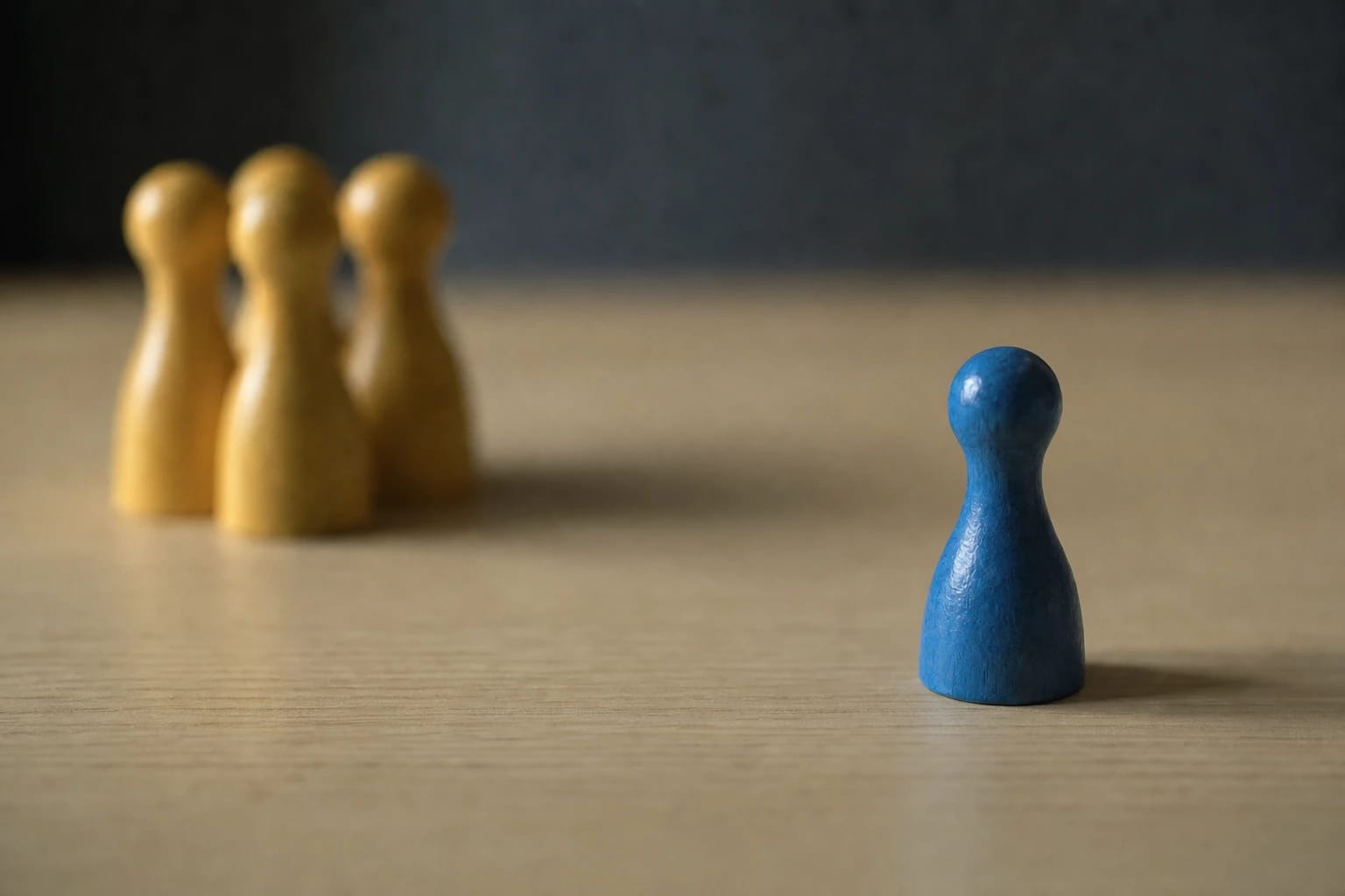 KI-generiertes Bild: Spielfiguren von „Mensch ärgere dich nicht“: eine einzelne Figur steht abseits einer Gruppe – Sinnbild für Ausgrenzung und Mobbing.