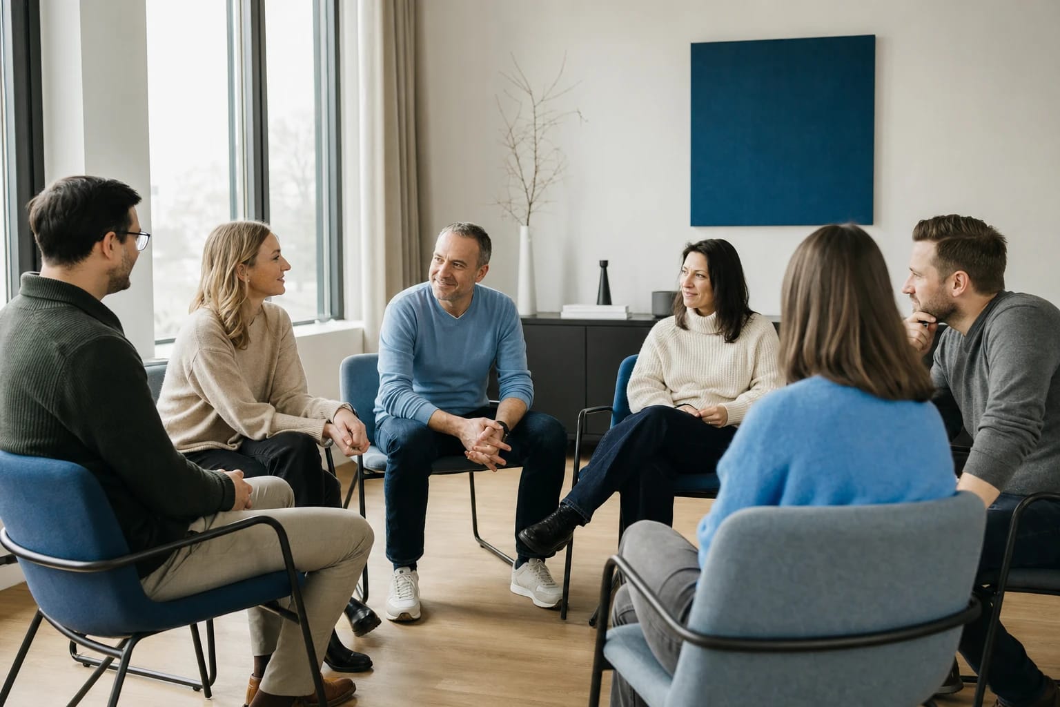 KI-generiertes Bild: Mitarbeitende sitzen in einem entspannten Stuhlkreis und tauschen sich offen aus – Teamcoaching in vertrauensvoller Atmosphäre.