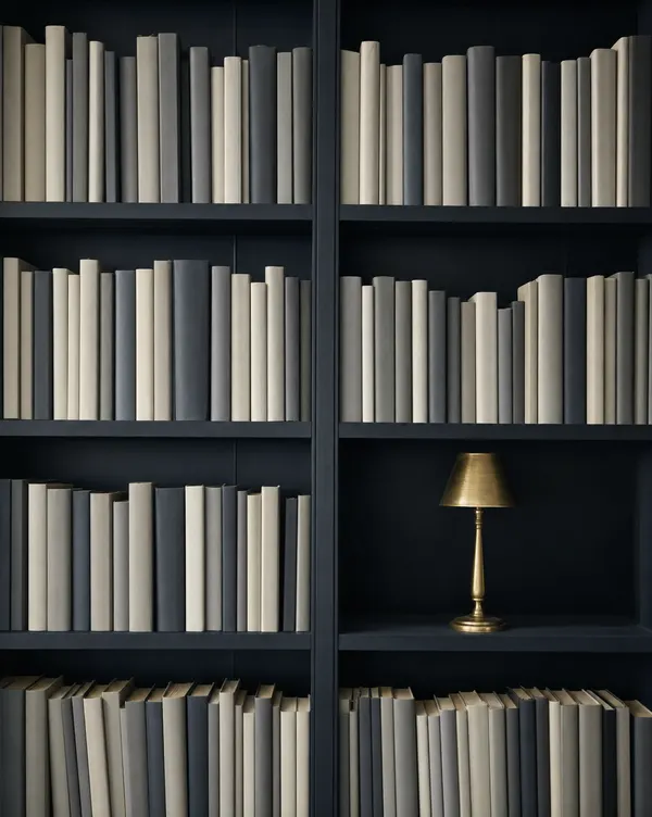 KI-generiertes Bild: Bücherregal mit Messinglampe