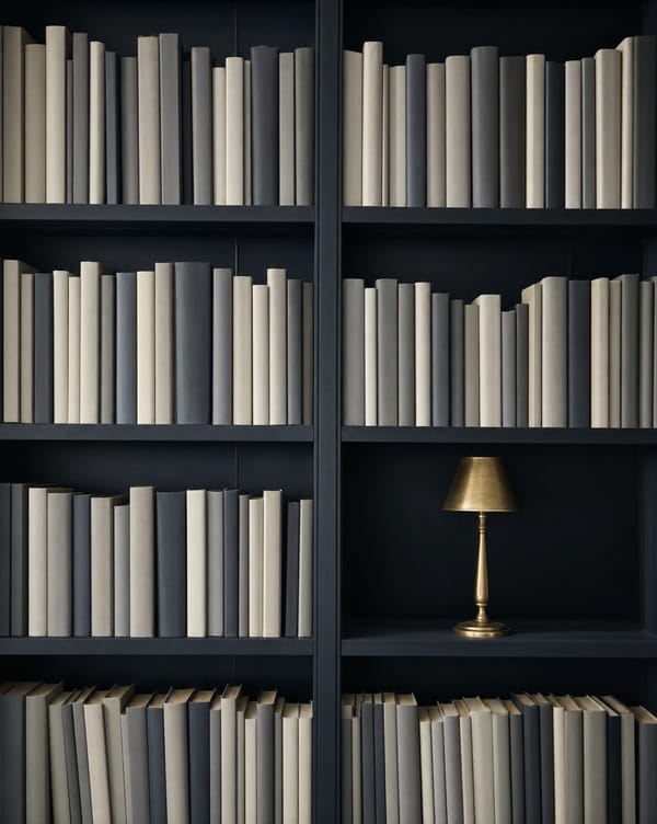 KI-generiertes Bild: Bücherregal mit Messinglampe