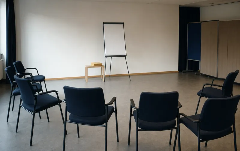 KI-generiertes Bild: Heller Seminarraum mit Stuhlhalbkreis