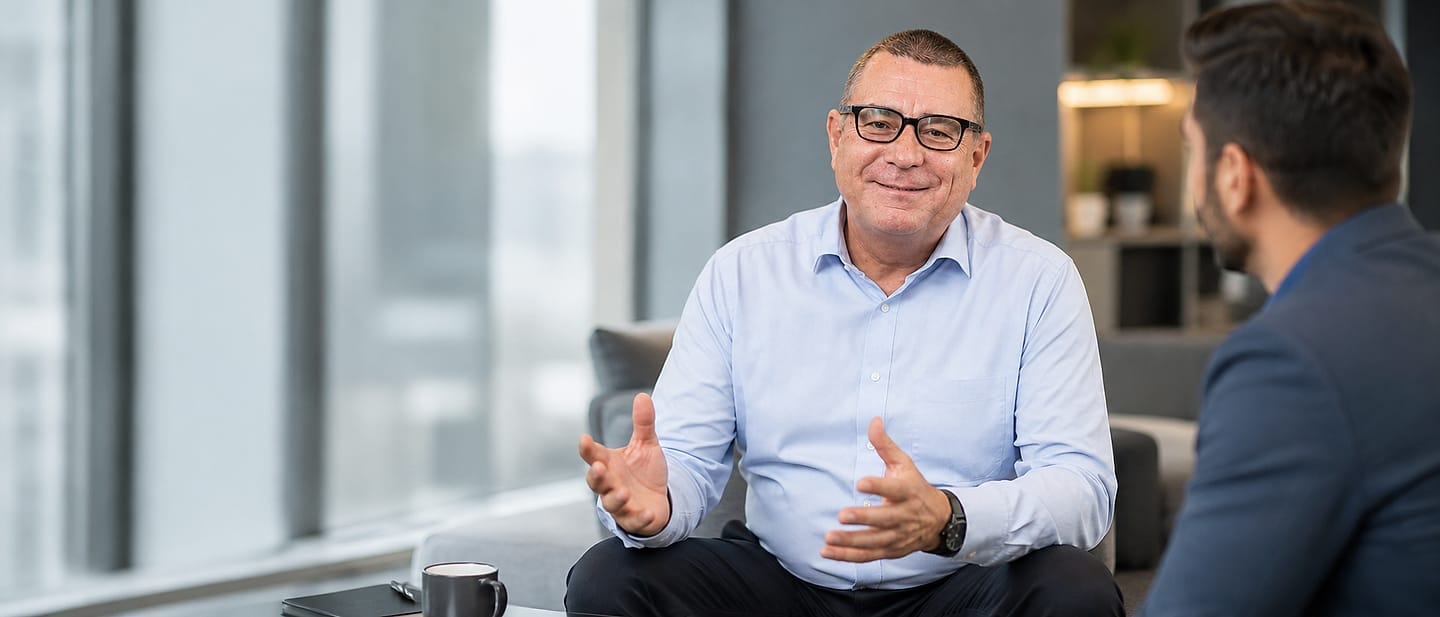 KI-generiertes Bild: Alexander Preidt im Gespräch, sitzend in einer modernen Bürolounge