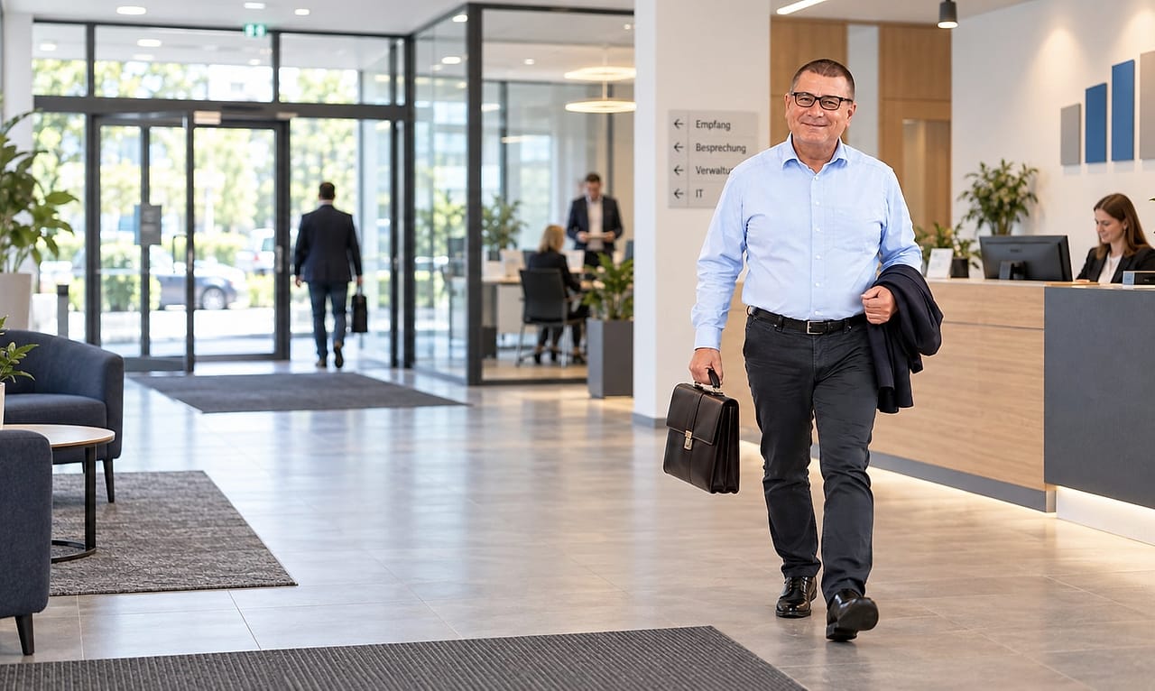 KI-generiertes Bild: Alexander Preidt kommt mit Aktentasche durch das helle Foyer eines Unternehmens
