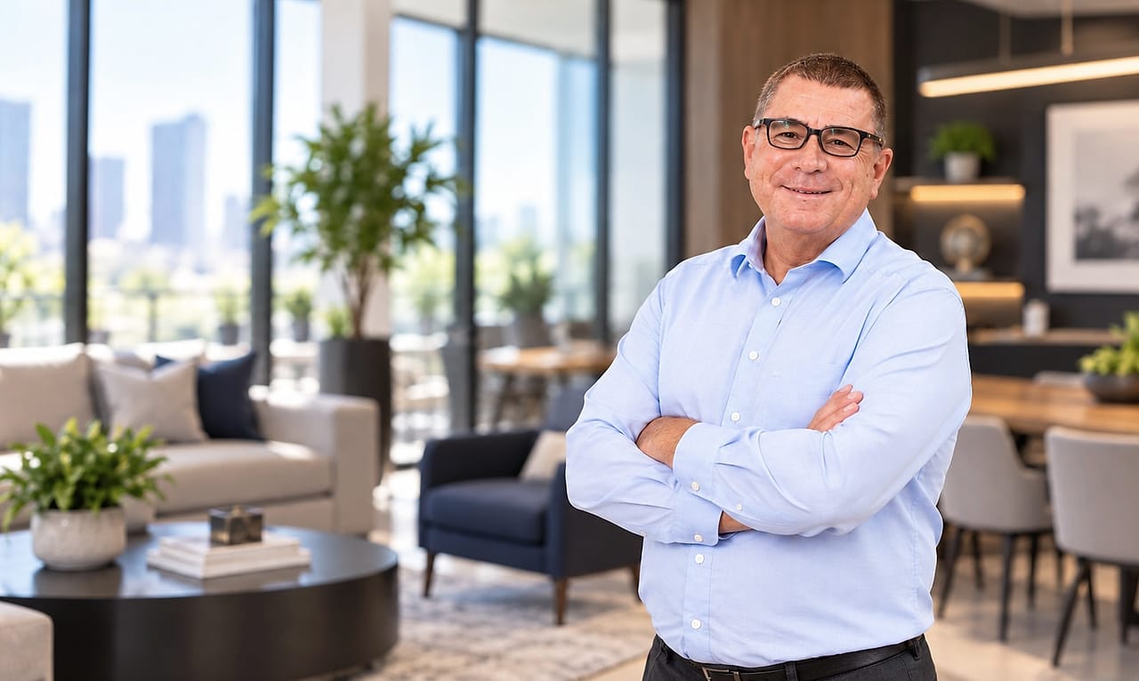 KI-generiertes Bild: Alexander Preidt mit verschränkten Armen in einer hellen Büro-Lounge