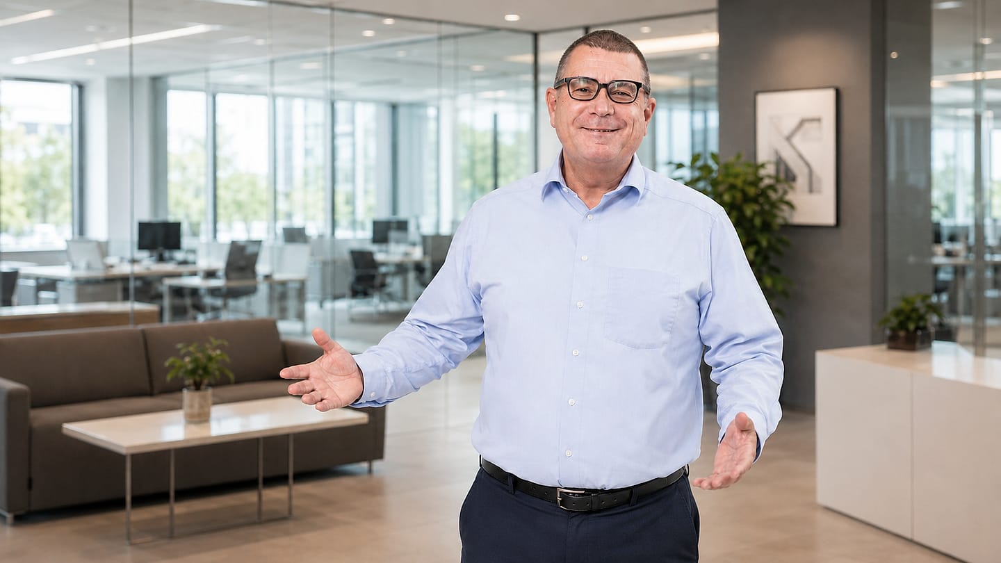 KI-generiertes Bild: Alexander Preidt empfängt mit offenen Armen in einem hellen, modernen Büro